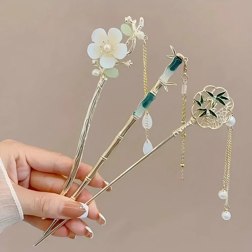 1/6pcs Elegant Chinese Style Tassel Hair Stick Traditional Floral Design Hairstyle Accessory Women Jewelry Hairpin Hairneedle