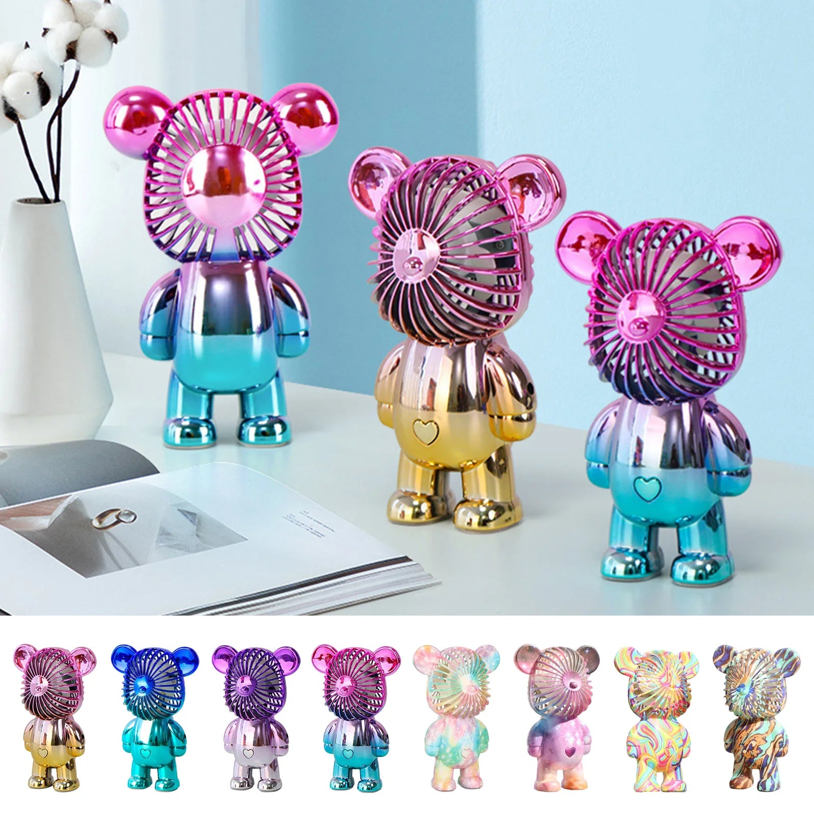 Graffiti Bear Electric Fan USB Rechargeable Desktop Fan Electroplating Gradient 3-speed for Camping Outdoor Travel