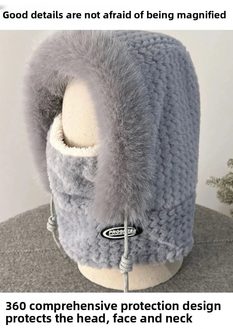 Autumn and Winter Women Thermal Plush Hat Hood Scarf and Mask Ear Protection Windproof Thick Design for Riding Outdoor