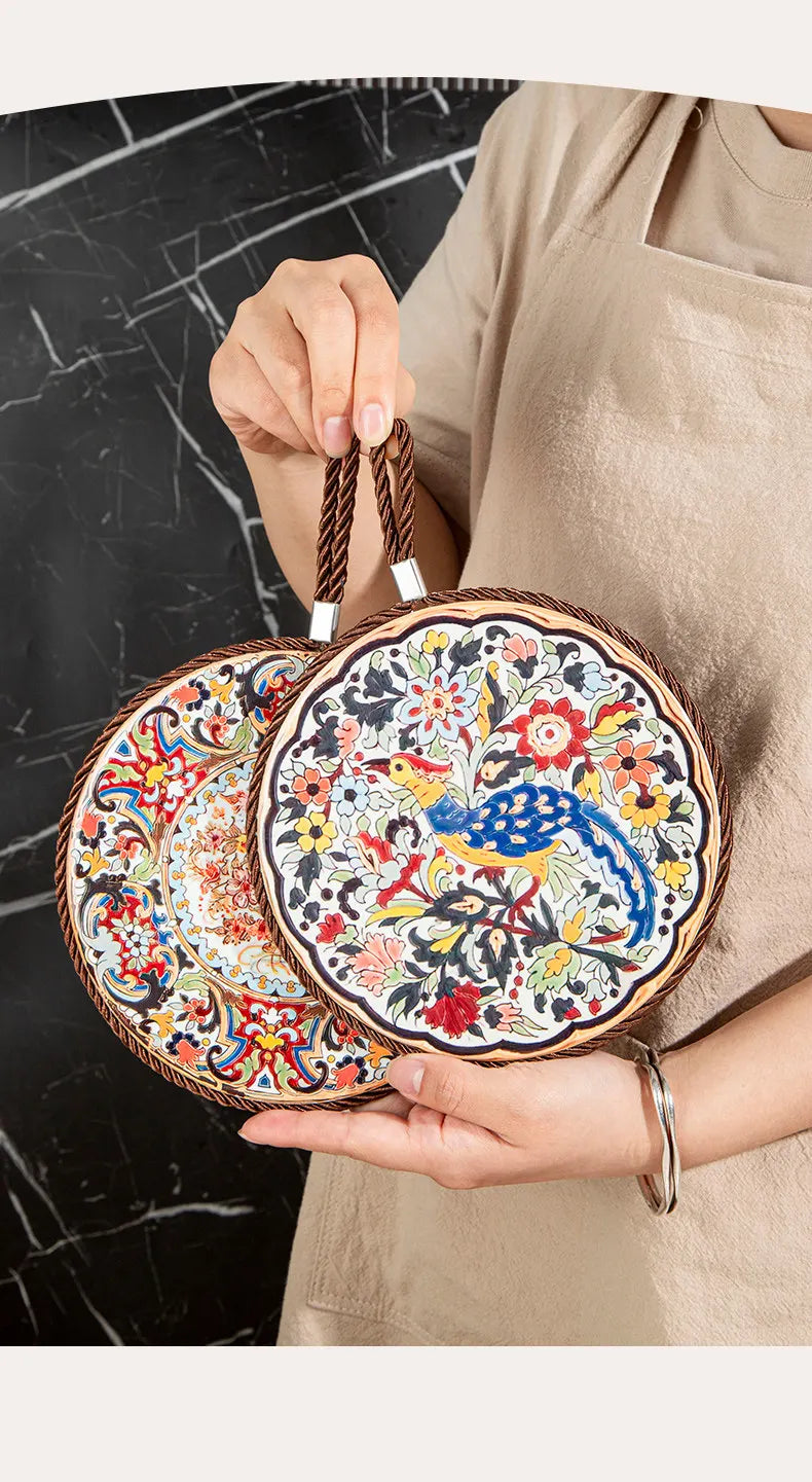 HeMu Bohemian Style Ceramic Pot Holders,Mandala Pattern Heat Resistant Trivets,Hanging Kitchen Coasters with Rope for Hot Dishes