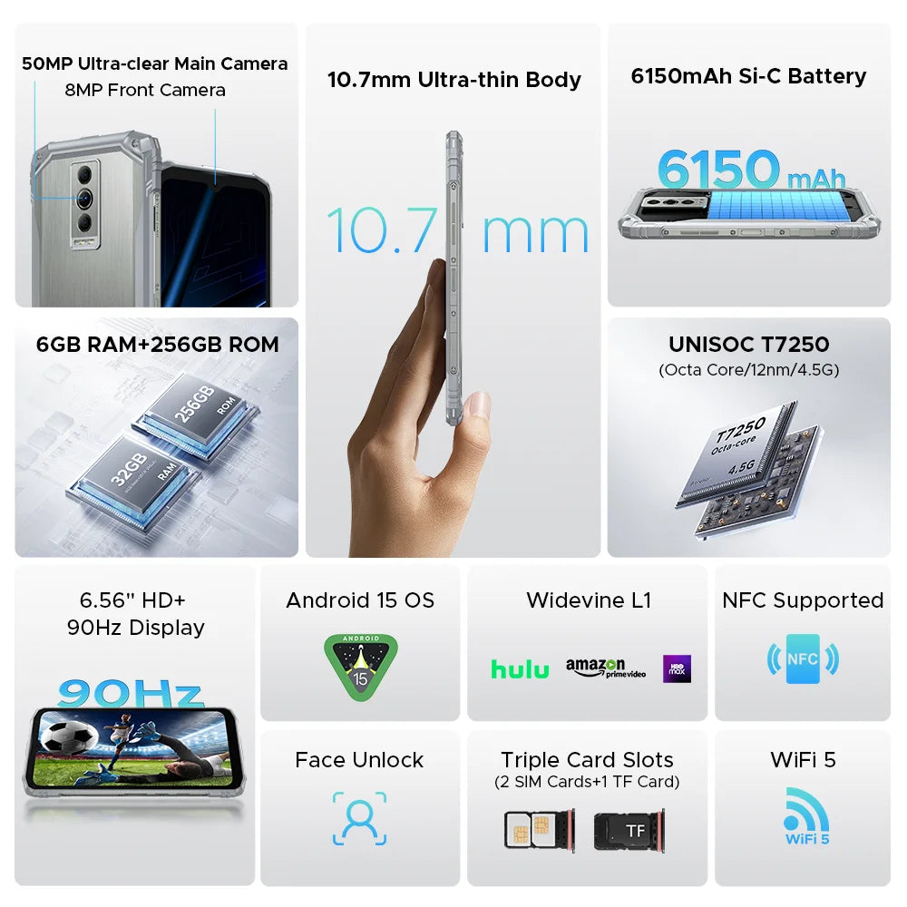 DOOGEE Blade10 Pro Energy Rugged Phone 32GB 256GB 6.56” HD+ Screen 6150mAh Large Battery 50MP AI Camera Android 15 NFC
