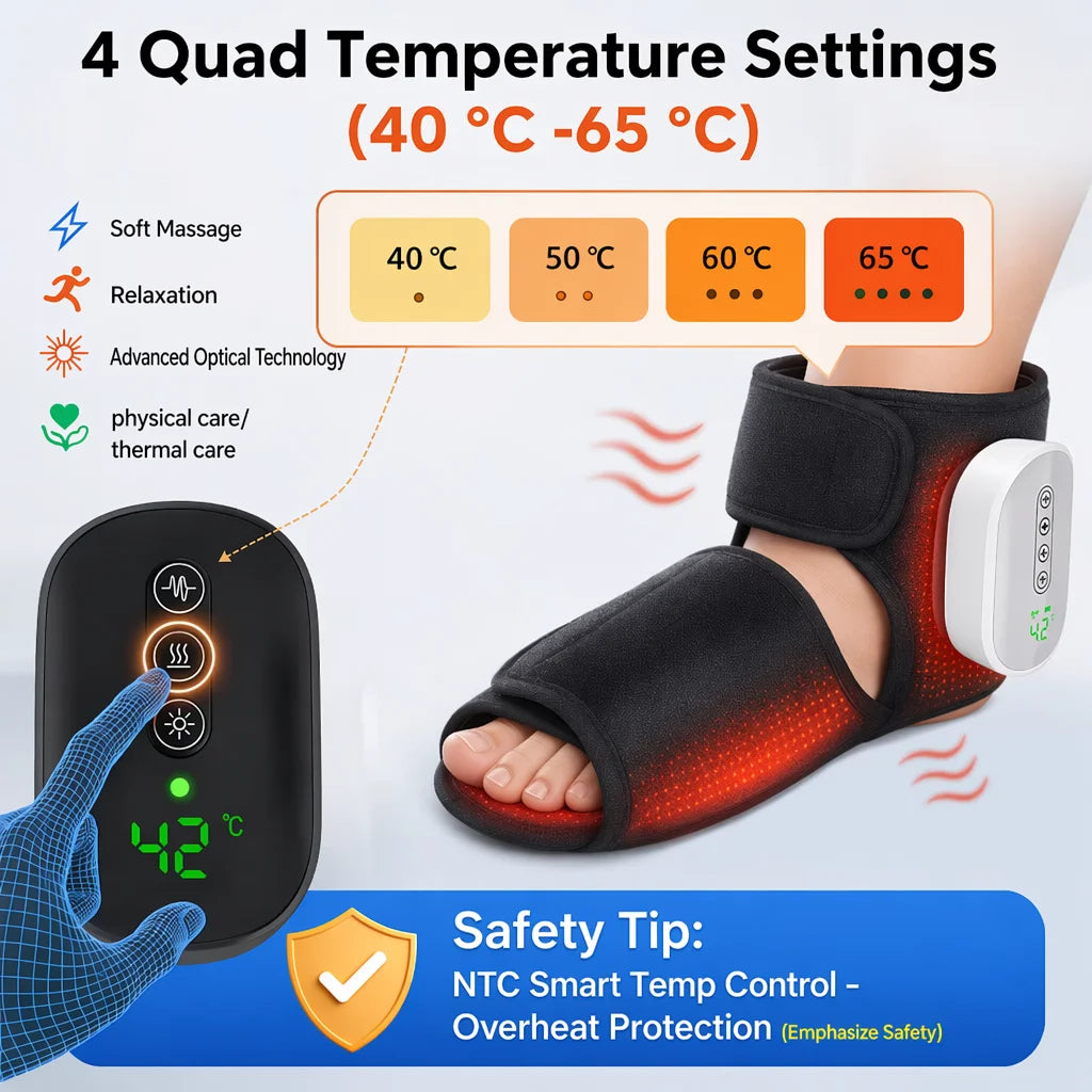 Ankle Air Compression Massager Heated Foot Wrap Support 3 Modes 4 Levels Thermal Sleeve Cordless Rechargeable Brace