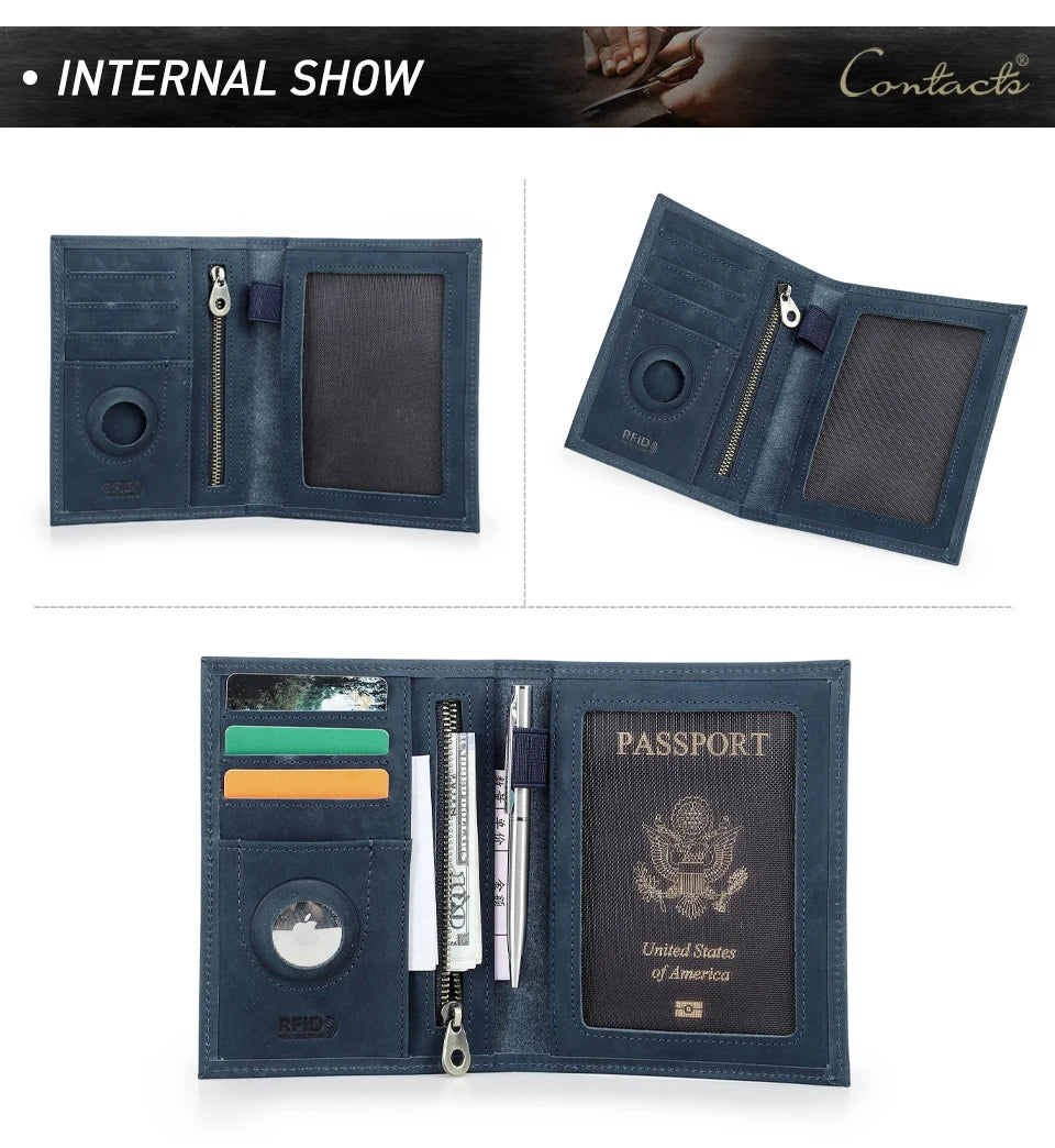 CONTACT'S Genuine Leather Passport Wallet Card Holder Coin Purse AirTag Slot Men Travel Wallet Women‘s Purse Passport Cover Bag