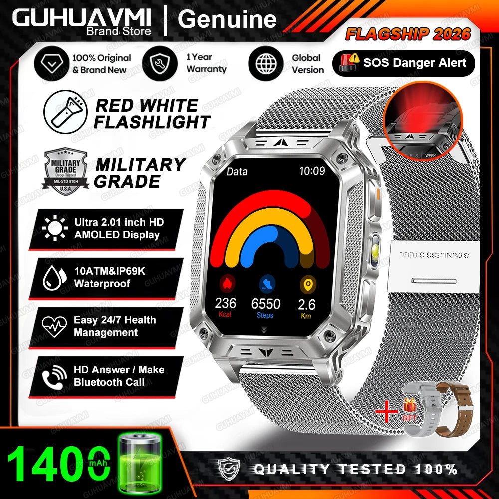 2026 New Military Grade 1400mAh Battery Smart Watch GPS Tracks 5ATMWaterproof Flashlight Heart Rate 2.1" Durable Smartwatch Men