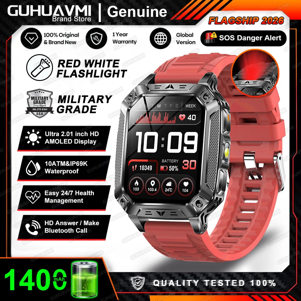 2026 New Military Grade 1400mAh Battery Smart Watch GPS Tracks 5ATMWaterproof Flashlight Heart Rate 2.1" Durable Smartwatch Men