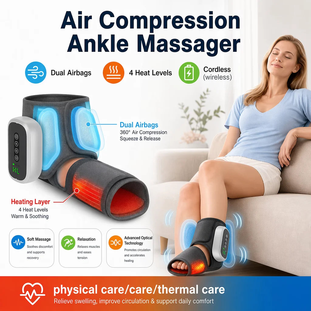 Ankle Air Compression Massager Heated Foot Wrap Support 3 Modes 4 Levels Thermal Sleeve Cordless Rechargeable Brace