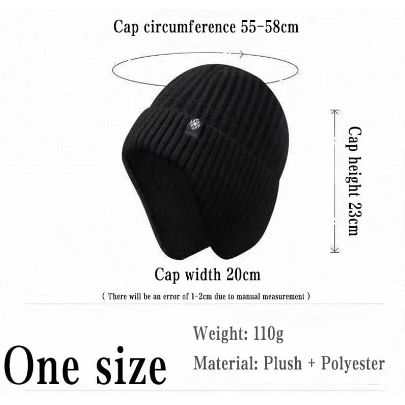 Men Winter Knitted Hat Plush Warmth Peaked Cap Outdoor Earmuff Casual Fashion Faux Fur Lined Bomber Hats Cycling Ear Protection