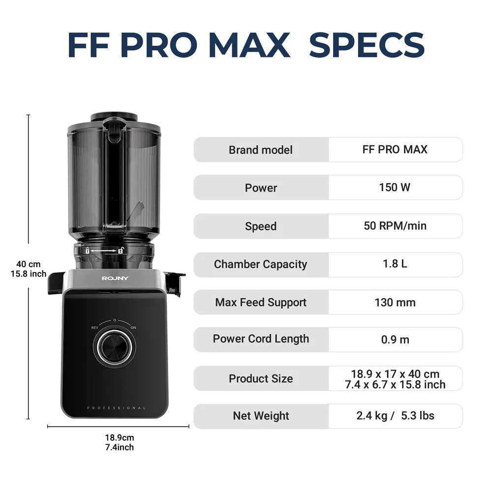ROUNY Slow Juicer, Cold Press Extractor with Filter-Free, Easy Clean Electric Fruit Juicer Machine with Large Caliber,  Black