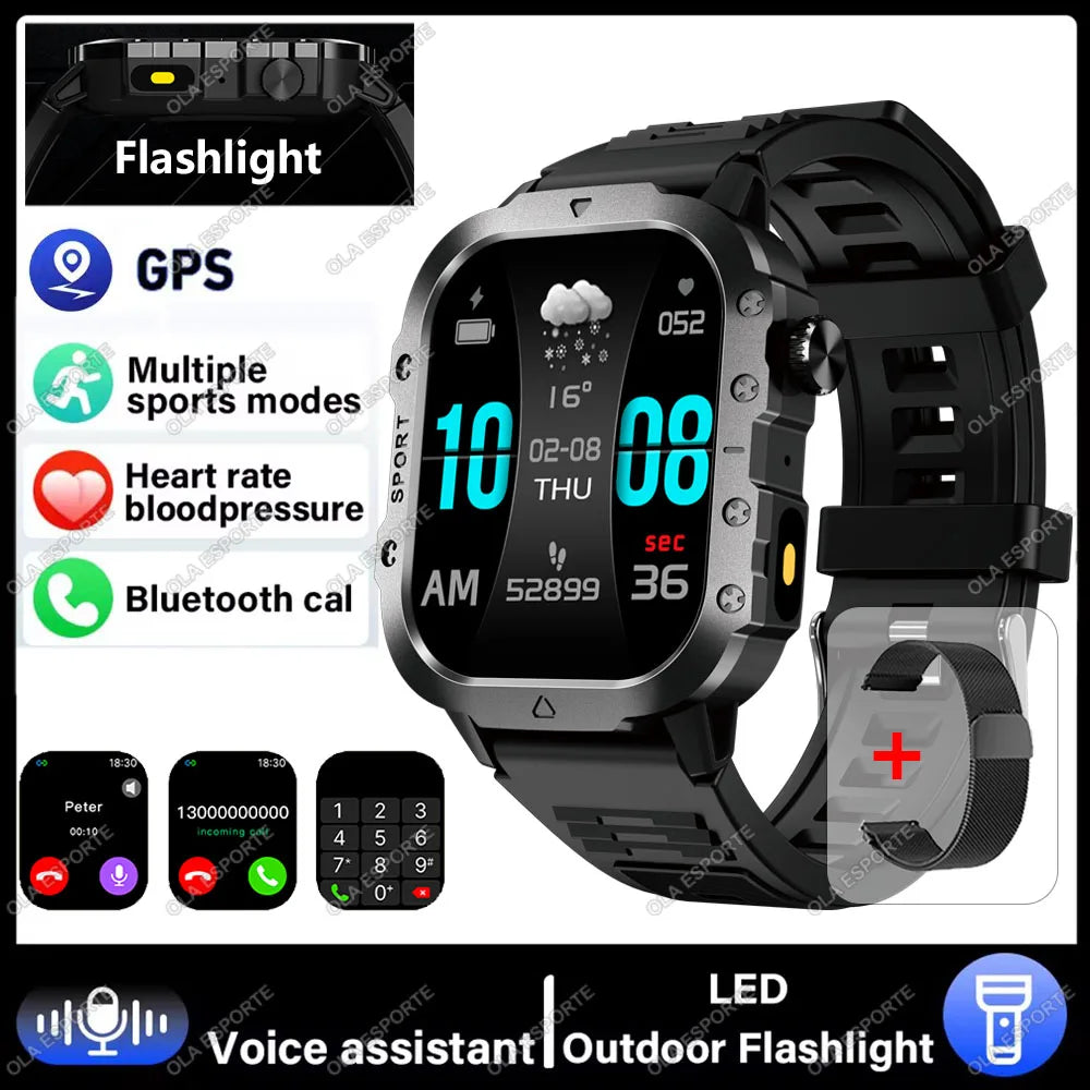 2026 New Military-grade Smart Watch Men GPS Flashlight 3ATM Waterproof Watch Bluetooth Call 100+Sport Outdoor Smartwatch Pk MA27