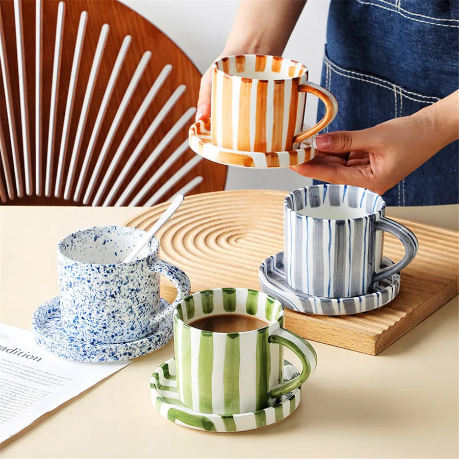 Minimalist striped hand drawn cup and plate set, ceramic milk coffee cup, 280ml/9.5oz afternoon tea coffee cup, household drinki