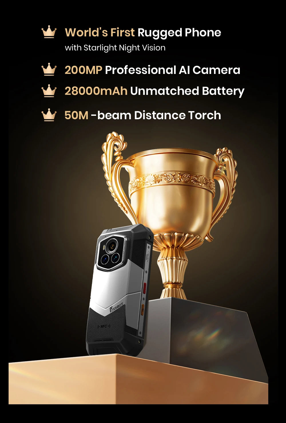 Fossibot Smartphone [F107 Pro 5G] 28000mAh 66W Rugged Mobile Phone 12GB RAM 512GB ROM Android 15 200MP+32MP NFC Dual Flashlights