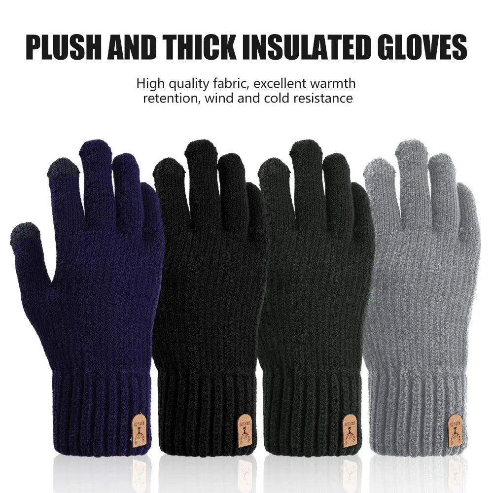 New Men's Warm Full Finger Gloves Winter Touchscreen Plus Fleece Gloves Men Women Thickening Wool Knitted Cycling Driving Gloves
