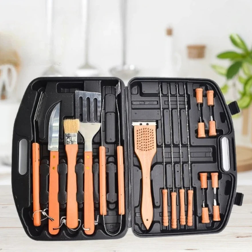 Barbecue Tool Combination Set Wooden Handle Stainless Steel Material Barbecue Tools Portable Suitcase BBQ 18PCS Tool Suit