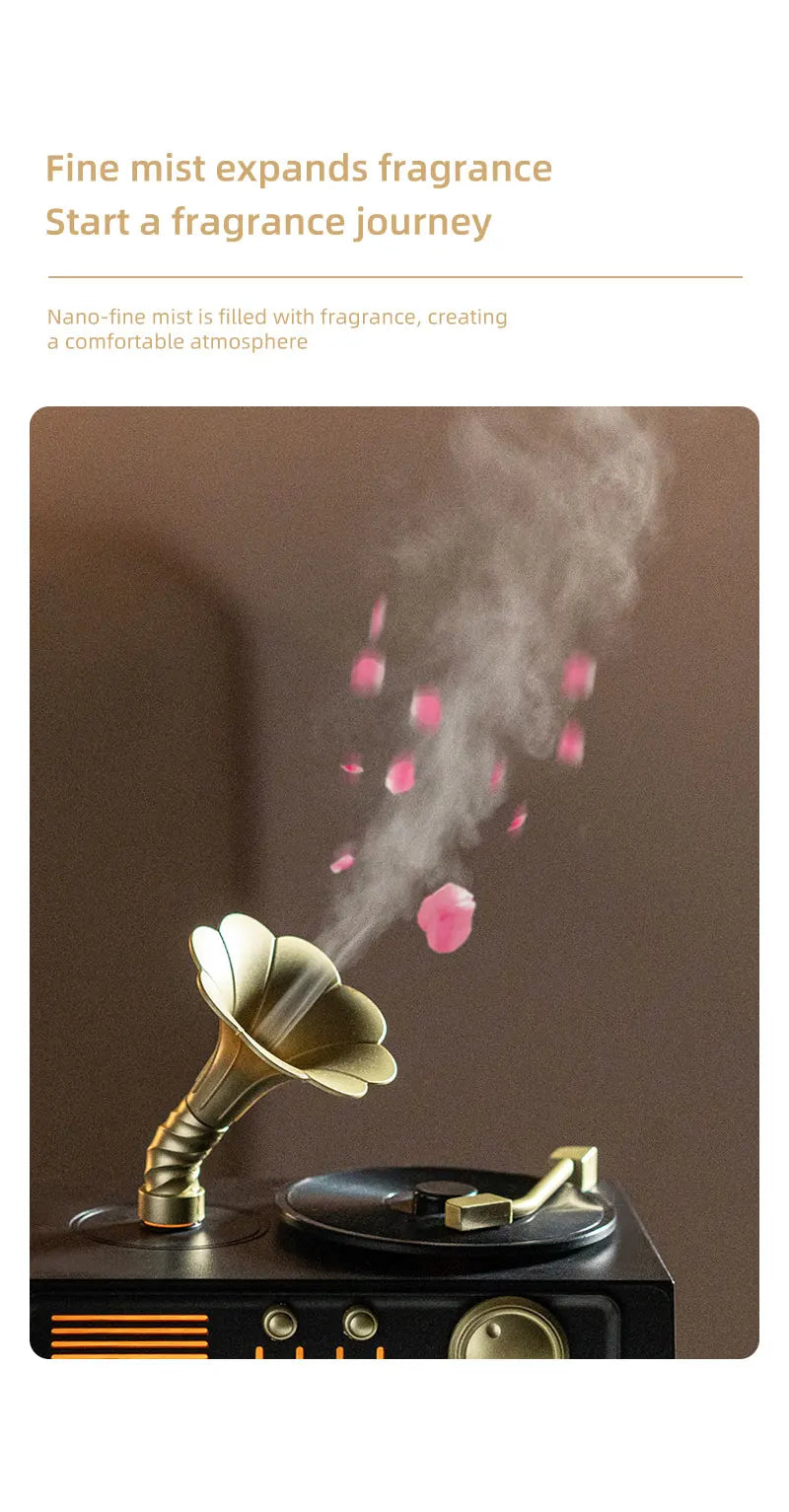 5V Retro Phonograph Bluetooth Speaker Humidifier Ultrasonic Aroma Diffuser Rotating Colorful Light Remote Essential Oil Atomizer