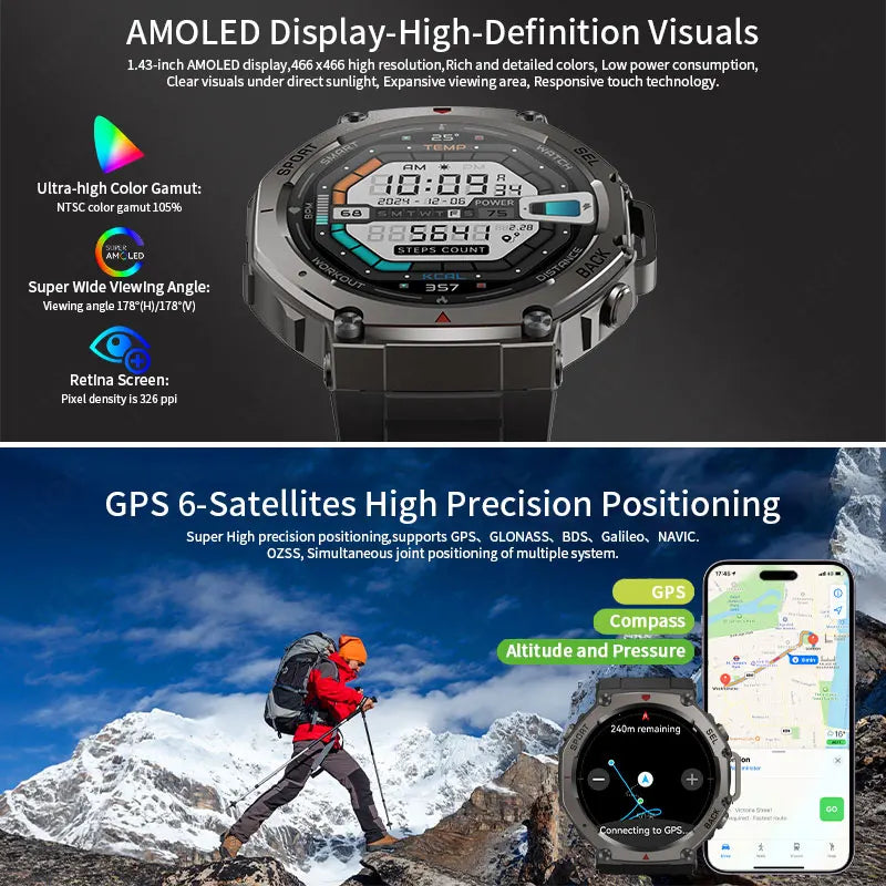 LIGE 2026 GPS Luxury Military Smart Watch 500mAh Men Health Monitor Fitness Clock Sports 5ATM Waterproof Smartwatch Compass New