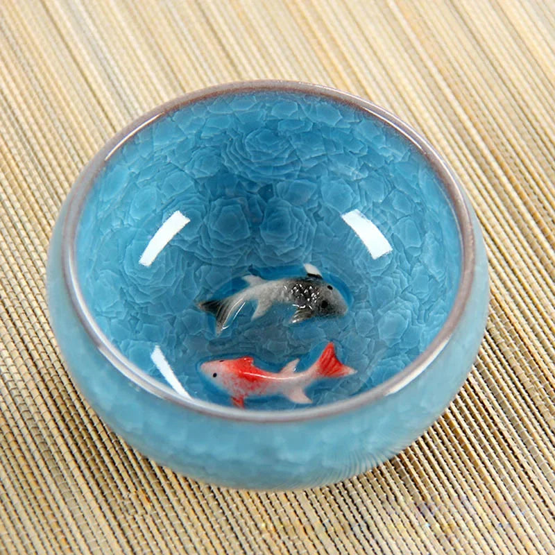 Chinese Porcelain Teacup Sets, Ceramic Double Fish China Tea Cup,Kung Fu TeaCup Set, Crackle Glaze, Travel Tea Bowl