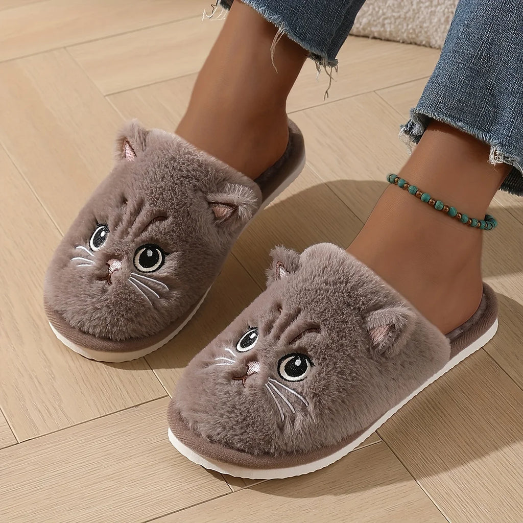 Womens Plush Cat Slippers Winter Warm Cozy Indoor House Shoes Soft EVA Sole Non-Slip Design