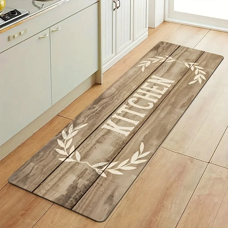Rustic Wood Grain "KITCHEN" and Laurel Wreath Print Kitchen Mat, Non-Slip Washable Durable Runner Rug for Kitchen Decor
