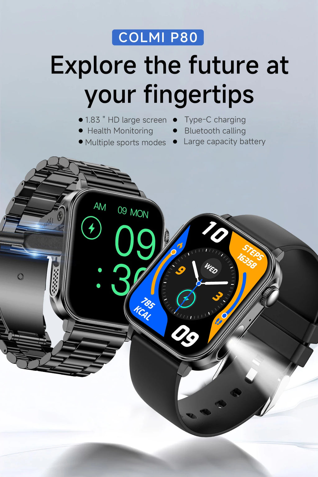 COLMI P80 Type-c Smartwatch Men Women Health Manager Bluetooth Call IP67 Waterproof Flashlight Smart Watch For Xiaomi iOS Phone