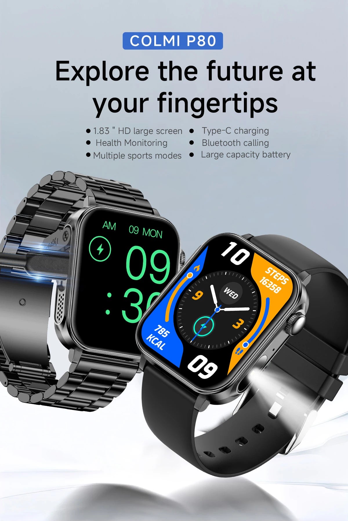 COLMI P80 Type-c Smartwatch Men Women Health Manager Bluetooth Call IP67 Waterproof Flashlight Smart Watch For Xiaomi iOS Phone