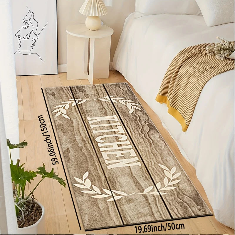 Rustic Wood Grain "KITCHEN" and Laurel Wreath Print Kitchen Mat, Non-Slip Washable Durable Runner Rug for Kitchen Decor