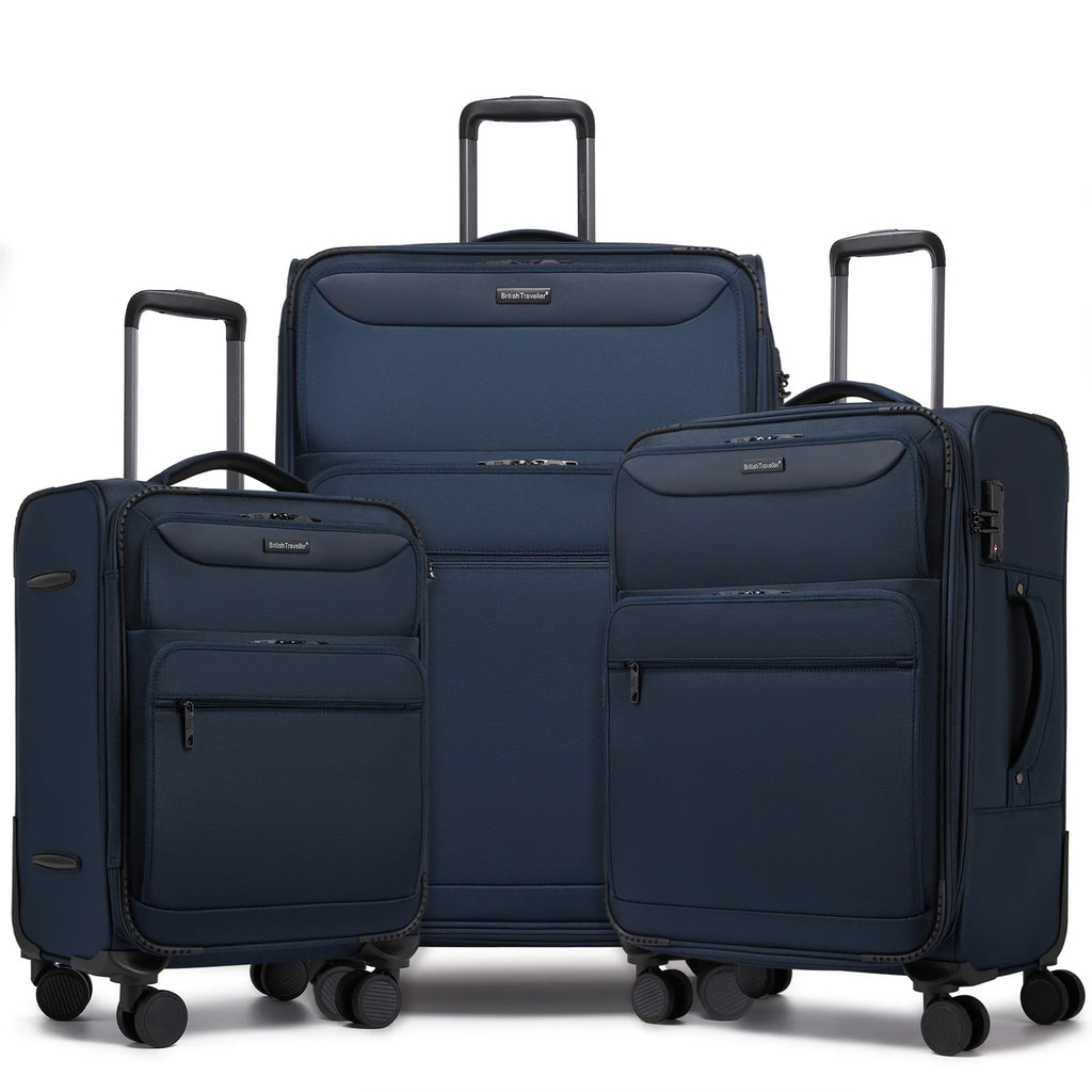 British Traveller - Suitcase Adjustable Handle, 4 Spinner Wheels, Lightweight, TSA Lock - Recycled Polyester Luggage （S/M/L)