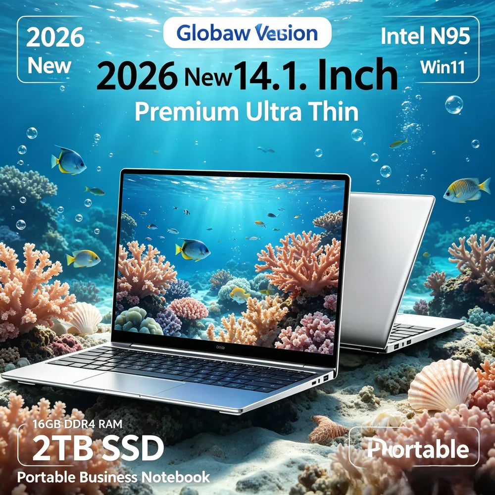 2026 New 14.1 Inch Premium Ultra Thin Laptop Intel N95 Win11 16GB DDR4 RAM 2TB SSD Portable Business Notebook