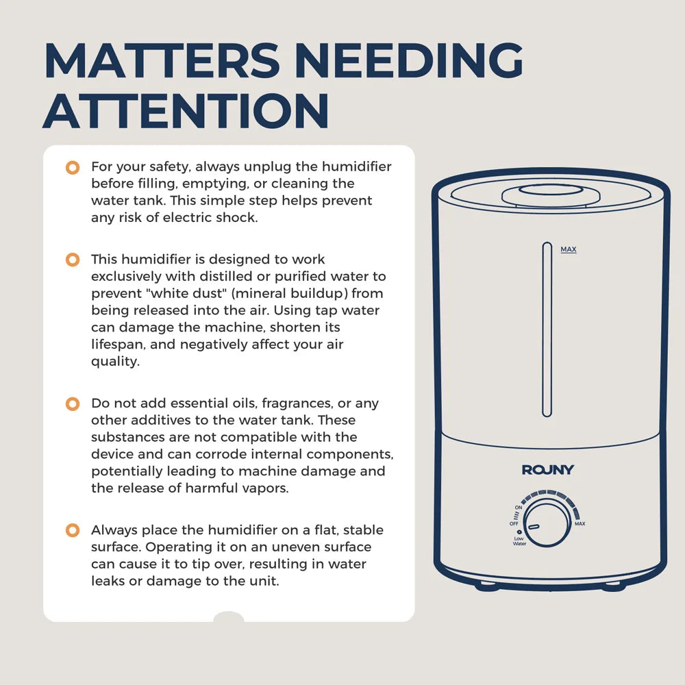 ROUNY Air Humidifier, 4L Large Capacity Ultrasonic Humidifier with Low Water Protection, 360° & Quiet & BPA-Free, White