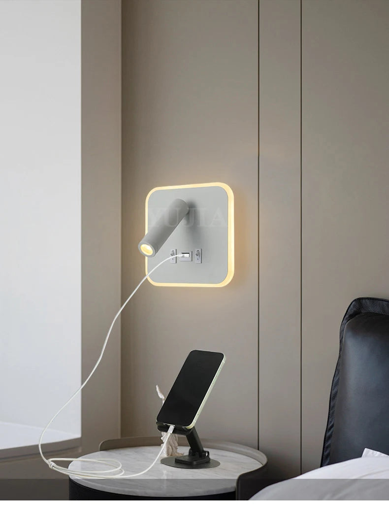 Contemporary Multifunctional LED Wall Sconce with Switch Modern Adjustable Reading Lamp USB Charging Ports for Bedrooms Offices