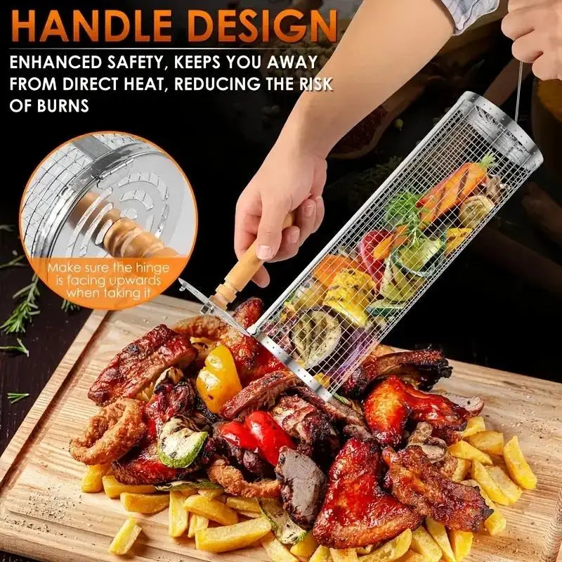 Round Barbecue Grill Basket Set, Stainless Steel Rolling BBQ Cage, Wire Mesh Cylinder Grilling Rack, Outdoor Camping Essential