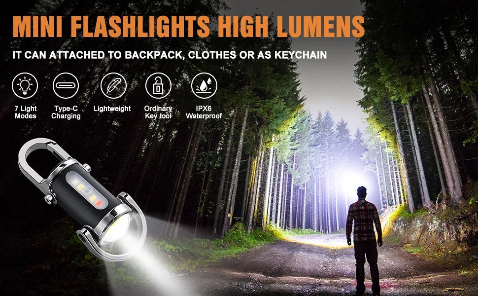 Mini Keychain Flashlight Rechargeable Pocket COB Working Light Outdoor Hook Emergency Warning Light for Camping Walking Hiking