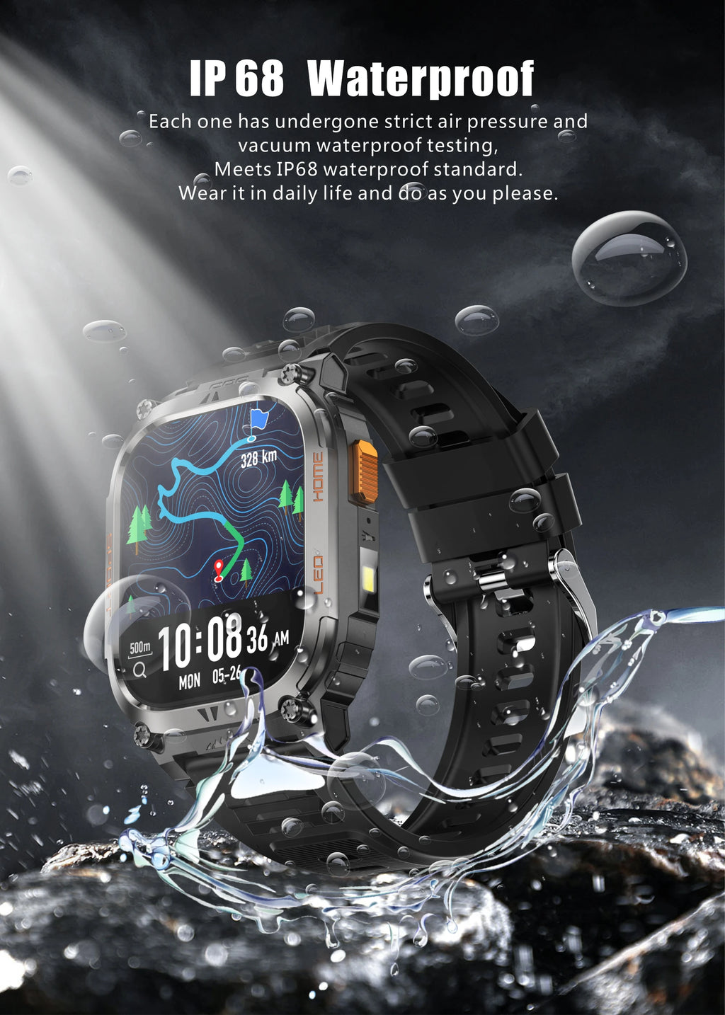 LIGE New GPS Tracking Smart Watch  LED Flashlight 1.96inch HD Screen Compass BT Call Waterproof Sport Smartwatch For Android iOS