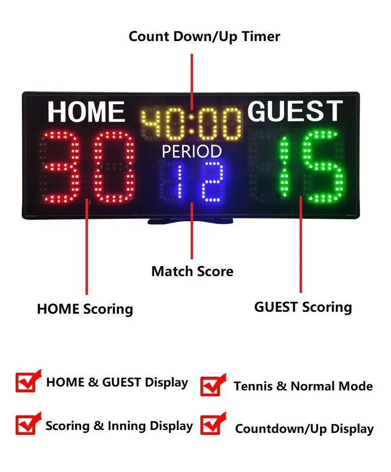 Ganxin Portable LED Tennis Scoreboard for Padel Court | Remote Control Digital Score Board for Indoor Stadium | Wrist Watch Sync