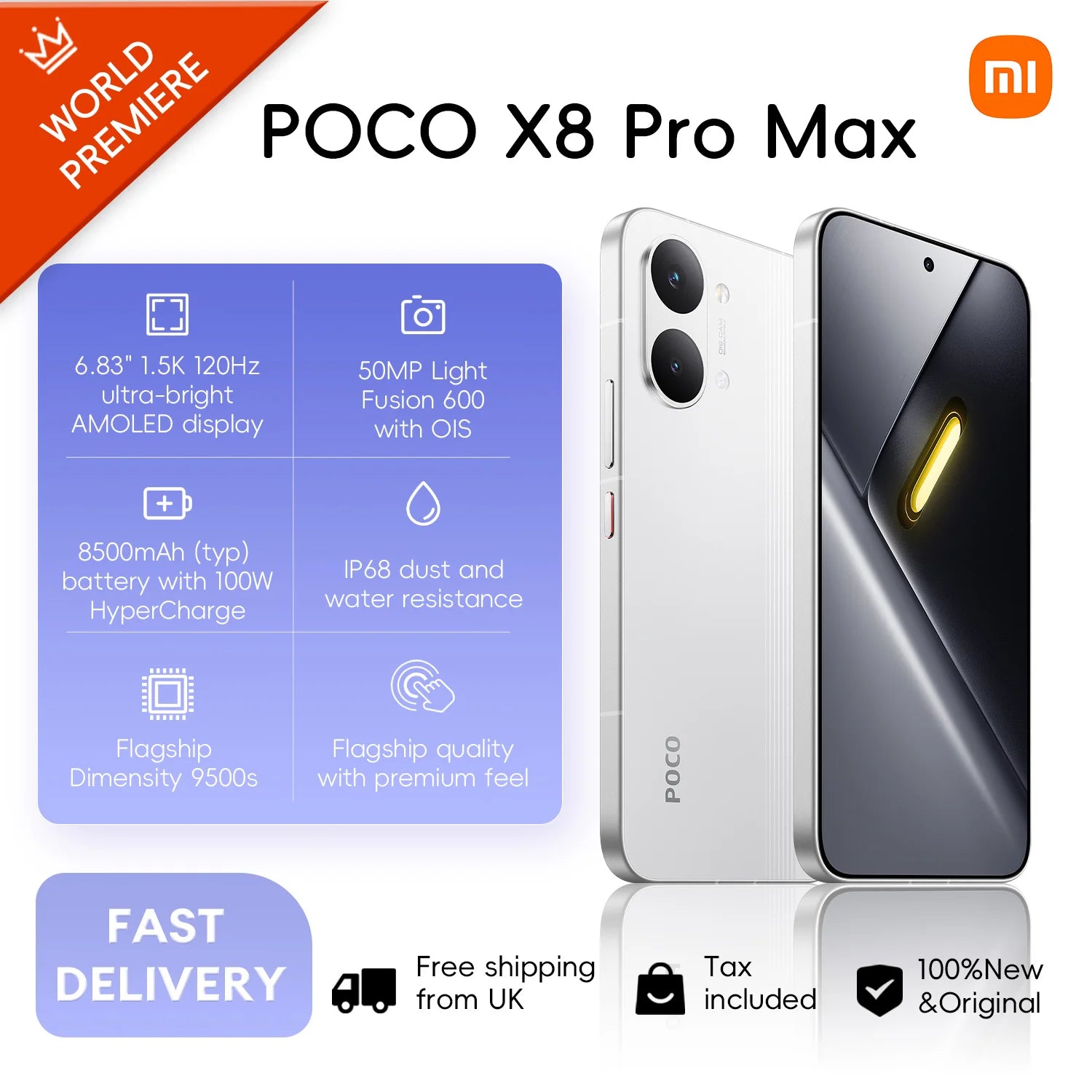 POCO X8 Pro Max 5G 12+256GB Global Version 6.83" 1.5K 120Hz display MediaTek Dimensity 9500s 50MP 8500mAh 100W HyperCharge NFC