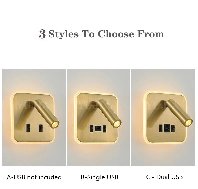 Contemporary Multifunctional LED Wall Sconce with Switch Modern Adjustable Reading Lamp USB Charging Ports for Bedrooms Offices
