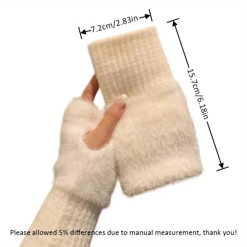 1PC- Warm and Cold-proof Half-finger Gloves for Women in Autumn and Winter, Versatile and Plush, Cute Office Half-finger Gloves