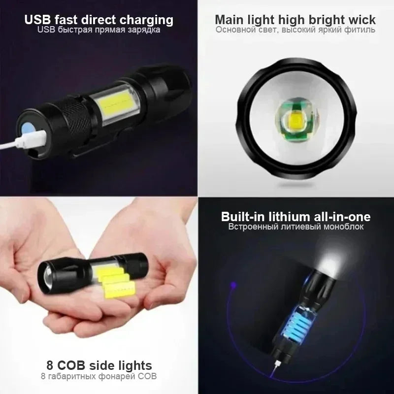 Mini LED Flashlight with Pen Clip Zoomable USB Rechargeable Portable Torch with Side Lights Outdoor Camping Emergency Lantern