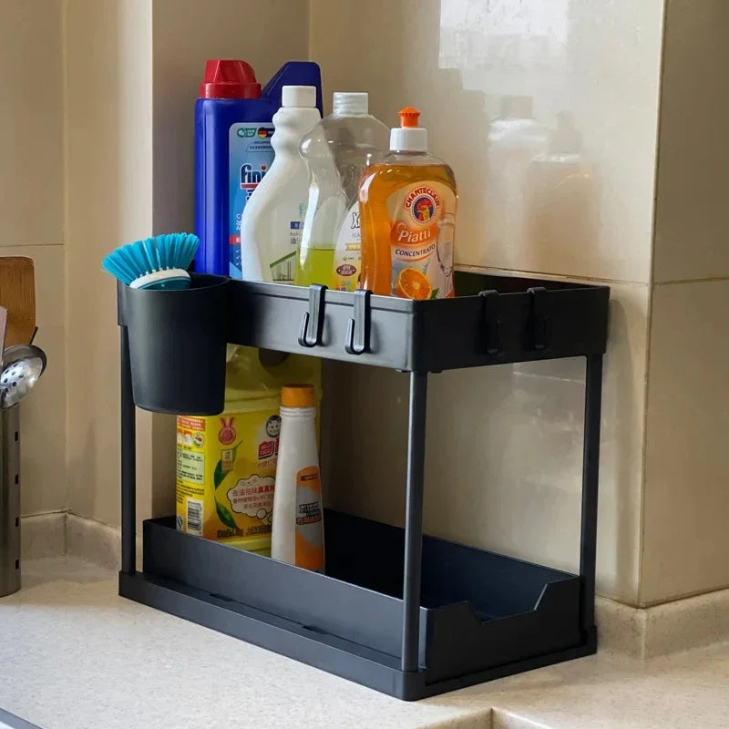 2 Tier Under Sink Sliding Cabinet Basket Organizer Storage Rack with Hooks Hanging Cup Bathroom Multifunctional Storage Rack