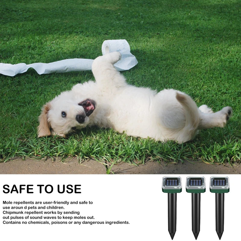 2Pcs Solar Outdoor Mole Groundhog Repellent Stakes Ultrasonic Gopher Repeller Vole Deterrent Waterproof Sonic Repellent Spikes