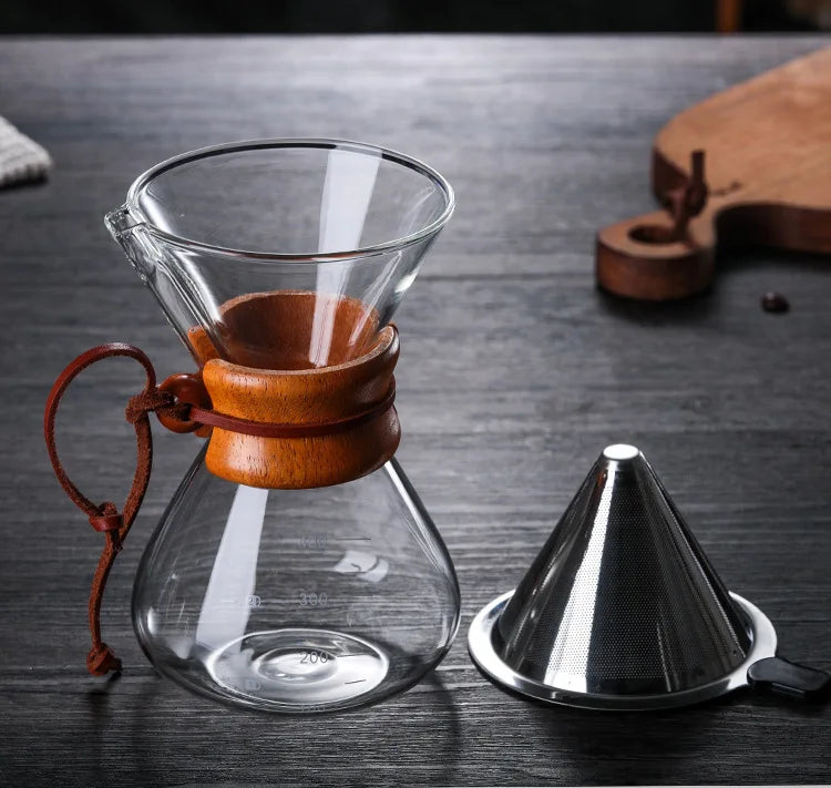 Hand Glass Coffee Kettle with Stainless Steel Filter Drip Brewing Hot Brewer Coffee Pot Dripper Barista Pour Over Coffee Maker