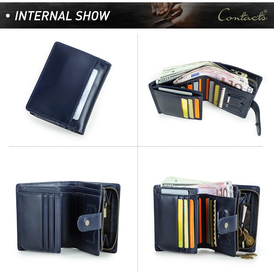 CONTACT'S Genuine Leather RFID Vintage Wallet Men With Coin Pocket Short Wallets Small Zipper Wallet With Card Holders Man Purse