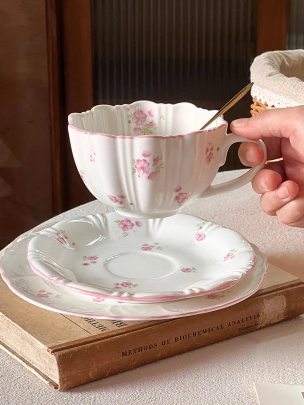European Pink Cherry Blossoms Mugs Porcelain Cup&saucer Tableware Coffee Mug Dining Table Afternoon Tea Teacup Fruits Juice Cup