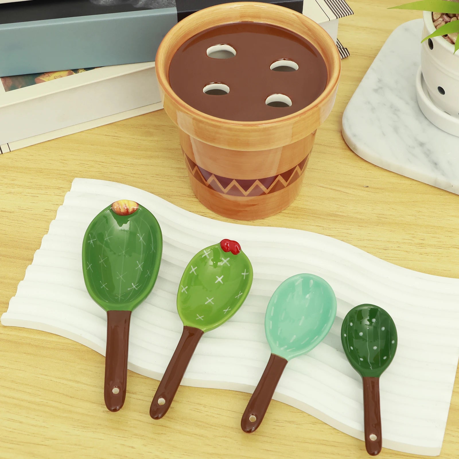 4Pcs Porcelain Measuring Spoons Set with Base Cute Cactus Shape Stirring Soup Spoon Ceramic Flower Pot Measuring Spoon
