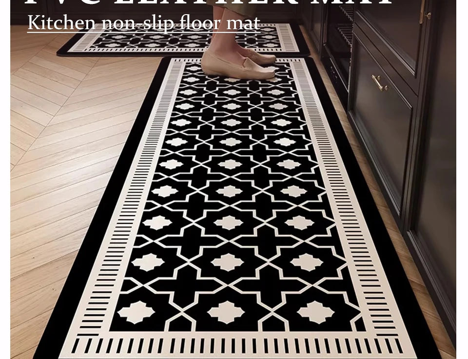 Kitchen Rug PVC Waterproof Leather Carpet Oil-proof Non-Slip Floor Mat Black Checkered Rugs Long Strip Carpets Home Decor 주방용 러그