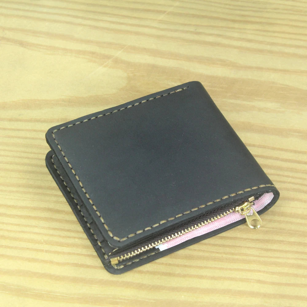 Luxury Handmade Genuine Leather Men Wallet Bifold Purse Male Wallets Short Money Clip Vintage Leather Money Bag with zip pocket