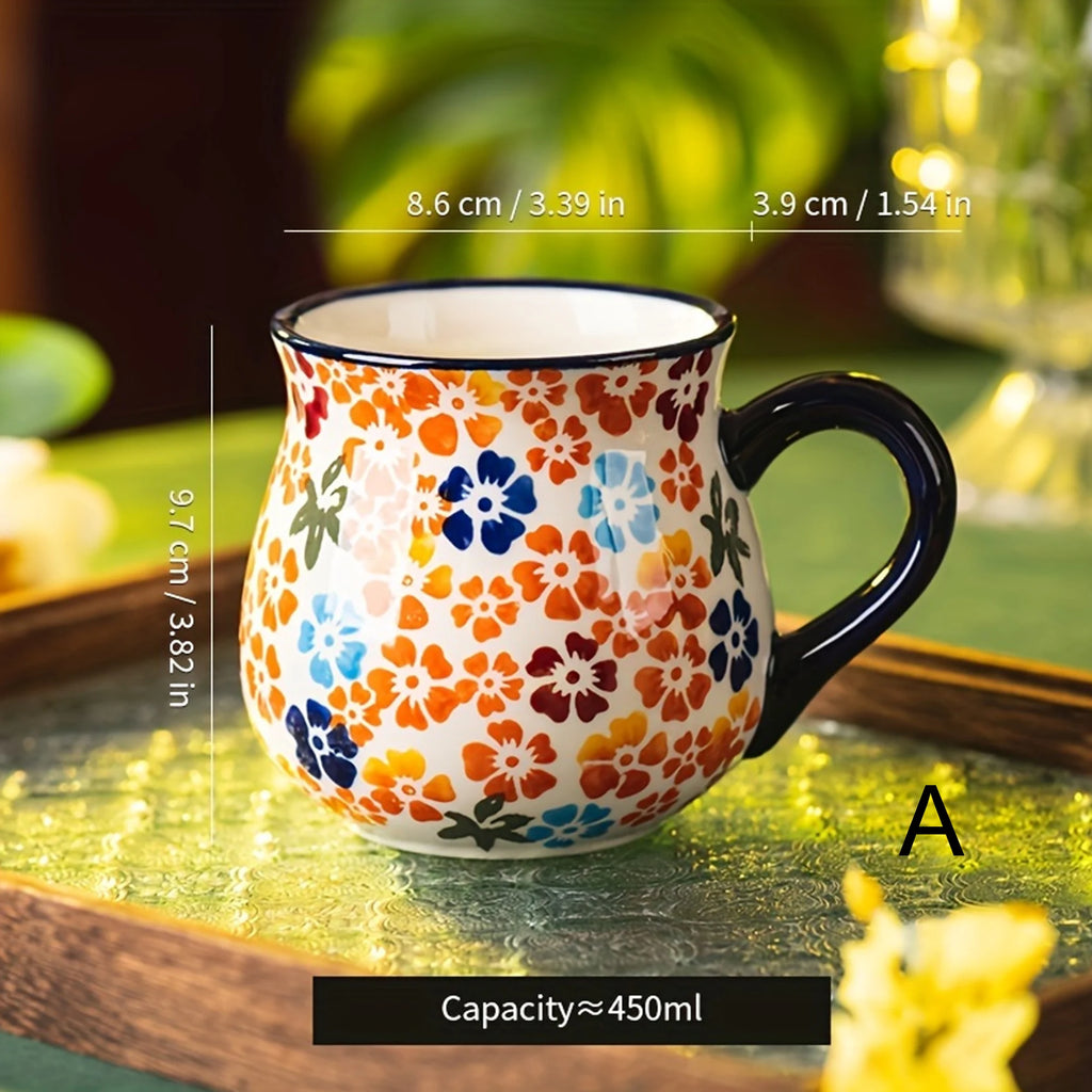 Polish Pottery Style Wide-Mouth Ceramic Mug, Hand-Painted Floral Pattern Mug, Large-Capacity Coffee, Tea and Milk Mug