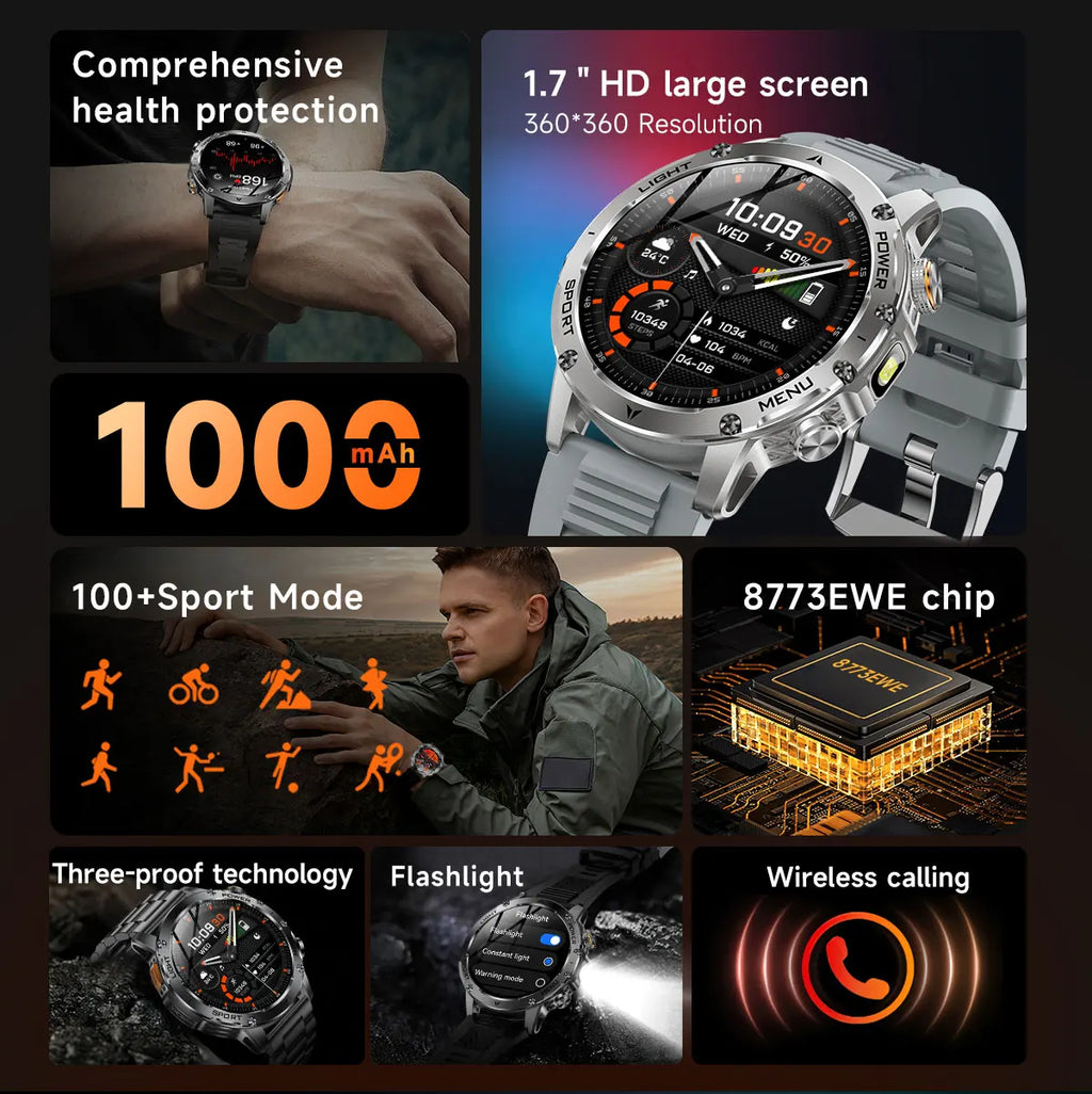 2026 New Military Smart Watch 1000Mah Battery Fitness Tracking 10ATM Waterproof Tactics Sport Flashlight call Bracelet For Men