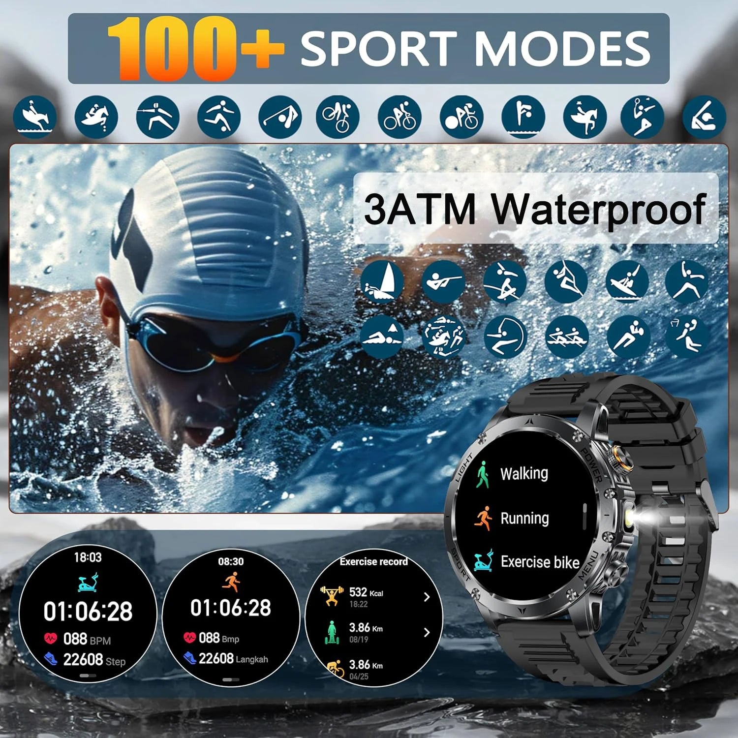 2025 New Military Grade Men 1000mAh Super Large Battery Smart Watch GPS 3ATM Waterproof Bluetooth Call Sports Fitness Smartwatch