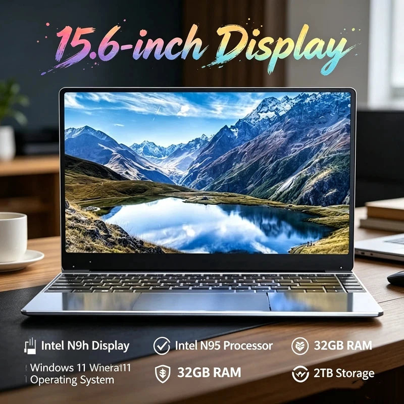 15.6 Inch Ultra Thin Laptop Intel N95 Win11 32GB DDR4 RAM 2TB SSD Lightweight Portable Office Gaming Notebook