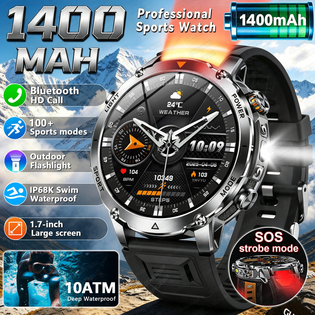 2026 Hot New 1400mAh Extra-Large Battery SmartWatch Men Military Outdoor SOS Flashlight  Waterproof Heart Rate Sports Smartwatch